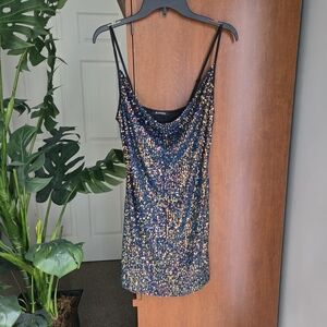 Banjul Blue And Gold Multicolor Sequin Cowl Mini Dress